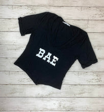 Load image into Gallery viewer, Black Bead “Bae” Cropped Tees size S
